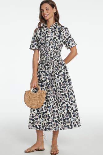 Image of Ladyful Women Casual Button Down Short Sleeve Shirt Dress Tie Waist Midi Shirt Dress Elegant Business Party