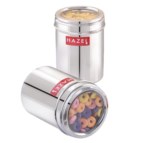 Image of HAZEL Stainless Steel Kitchen Container with Transparent Lid | Top See Through Kitchen Container Set with Matt Finish | Multipurpose Container for Kitchen Storage, 900 ML, Set of 2