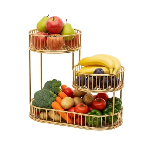 Image of 3 Tier Metal Wire Fruit Basket Bowl for Kitchen | Countertop Kitchen Storage Basket for Fruits, Vegetables and Snacks - Gold