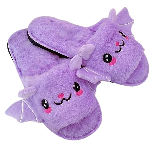 Zureto Halloween Pumpkin Slippers, Spooky Bat Slippers, Adults Fuzzy Slippers Soft Plush Cozy Open Toe Shoes