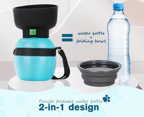 pecute Trinkflasche Hunde für Unterwegs, Hundetrinkflasche Silikon Wasserflasche Hund mit Faltbarer Wasserschale, Hunde Trinkflasche to Go, Haustier Trinknapf Tragbare Blau S 350 ml