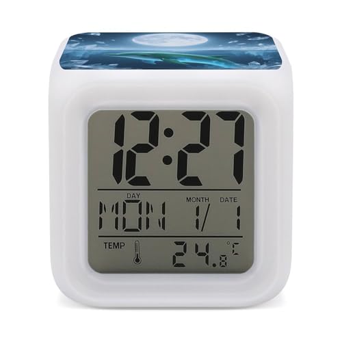 Despertador digital LED con indicador de temperatura y diseño de delfín y luna 2