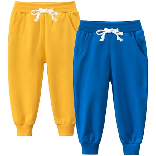 Boy's 2-Pack Pants, Toddler Cotton Pull on Jogger, Kids Dinosaur Drawstring Elastic Sweatpants