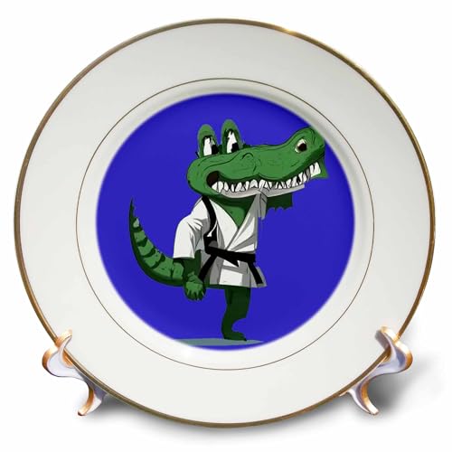 3dRose 8 inch Porcelain Plate - Funny Alligator Practicing Karate Kick Martial Arts Sports and Hobbies
