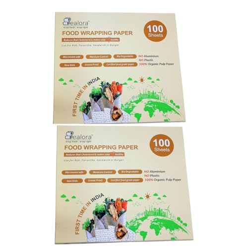 Image of 100 Sheet Food Wrapping Paper Sheets for Roti, Paratha, Sandwich & Burger | 100% Organic Wood Pulp, Biodegradable, Oil & Grease Resistant, Non Stick, Microwave & Oven Safe |Pack of 2