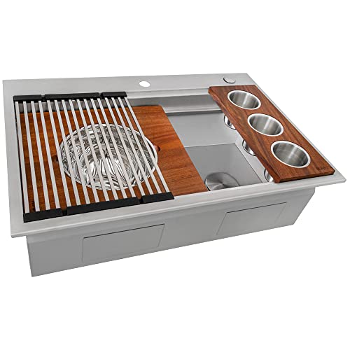 Image of Ruvati 33-inch Two-Tiered Ledge Workstation Kitchen Sink - Drop-in Topmount Kitchen sink - 16 Gauge Stainless Steel Kitchen Sink with Brushed Finish hides scratches - RVH8424