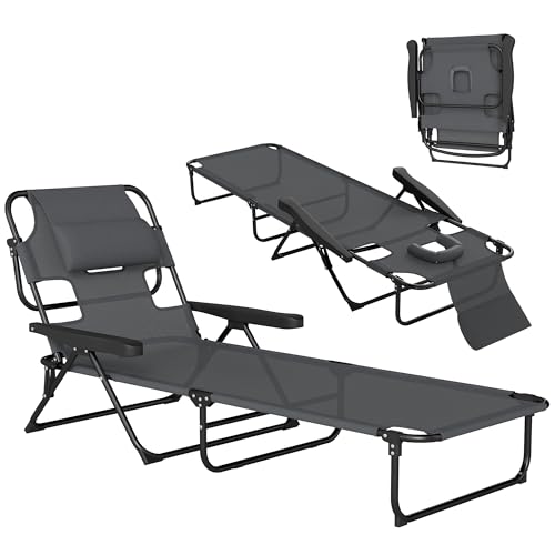 Outsunny Bain de Soleil Chaise Longue Pliante avec appuie-tête, Trou de Lecture, Dossier inclinable en textilène, transat Jardin extérieur pour Plage Relax...