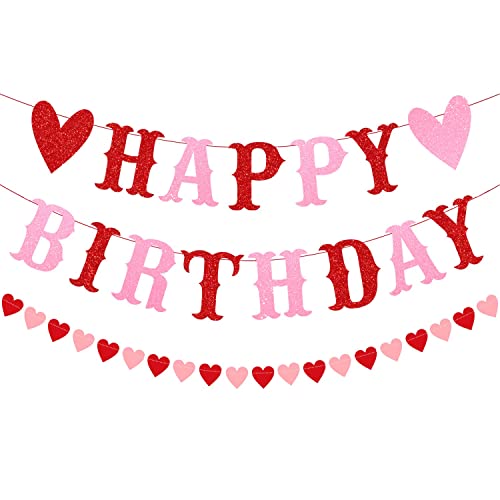Image of FestikoGlitter Happy Birthday Banner for Valentine's Day Red Pink Glittery Valentines Day Happy Birthday Garland Banner and Heart Garland Valentines Themed Birthday Party Decorations Decor Supplies