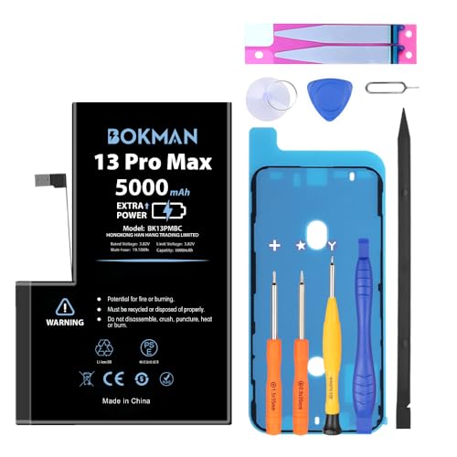 bokman Batterie de rechange pour iPhone 13 Pro Max, batterie polymère Li-ion haute capacité 5000 mAh avec tous les kits d'outils