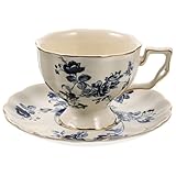 DIYEAH Taza y Platillo de Vintage Estilo Europeo para Café y Té con Asa Ergonómica para Hogar y Cafeterías Diseño Clásico Azul Floral