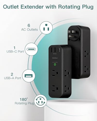 Image of Addtam Surge Protector Outlet Extender with Rotating Plug | 6 AC Outlets & 3 USB Ports, 1800J Wall Power Strip, 3-Sided Spaced Outlet Splitter for Home, Office, Travel, Black