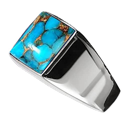Solid 925 Sterling Silver Ring for Men, Natural Blue Copper Turquoise 12MM Gemstone Signet Ring, Unique Handcrafted Jewelry