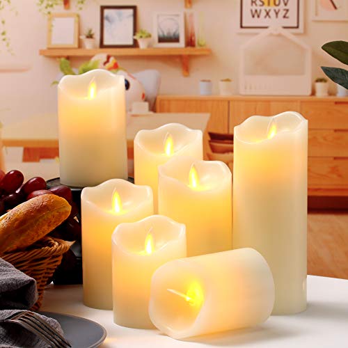 Flameless Candles Flickering Battery Operated LED Candles Set of 7 (D:3" X H:4" 4" 5" 5" 6" 7" 8") Ivory Real Wax Pillar with Moving Flame & 10-Key Remote Control and Cycling 24 Hours Timer