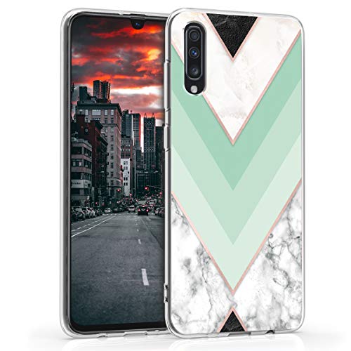 kwmobile Funda Compatible con Samsung Galaxy A70 - Carcasa de TPU y mármol clásico en Menta/Oro Rosa/Blanco