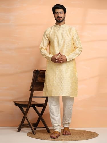Image of AMAZON BRAND - Aanrva Men's Silk Blend Kurta Pajama Set | Traditional Indian Ethnic Wear for Wedding, Festival, Puja & Party