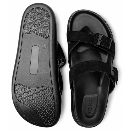 Image of KORA Black Suede Slide Sandals with Double Buckle Straps - KS-HY-01