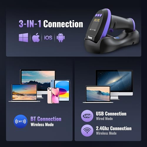 Image of Tera Barcode Scanner Wireless with Screen: Pro Version 1D 2D QR with Setting Keypad Charging Cradle Works with Bluetooth 2.4G Wireless USB Wired Handheld Bar Code Reader HW0009 Purple