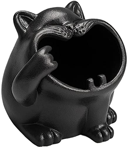 XIOU Desktop Ceramic Trash Can, Animals Garbage Can for Office Desktop, Small Bucket for Home Indoor Decoration, Cute Mini Tabletop Wastebasket (Cat-b (Black))