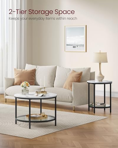 VASAGLE Coffee Table, Living Room Table, Sofa Cocktail Table Faux Marble Round, Tempered Glass Storage Shelf, Easy to Assemble, Modern Style, for Living Room, Marble White and Ink Black LCT072W13 - Image 4