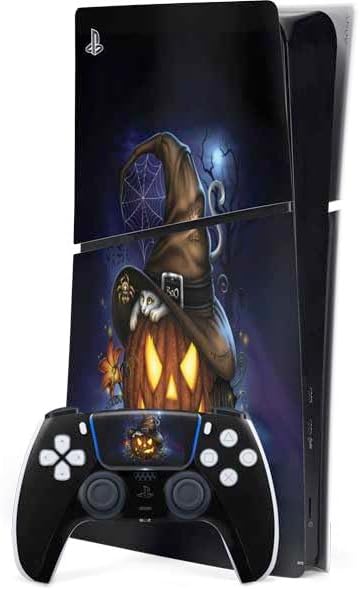 Skinit Decal Gaming Skin Compatible with PS5 Slim Digital Edition Bundle - Officially Licensed Halloween Cat and Jack O Lantern Pumpkin by Sarah Richter Design