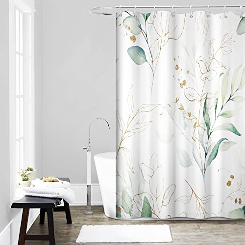 Ruelvth Sage Green Eucalyptus Shower Curtain, Spring Plant Leaves Shower Curtain Waterproof Fabric Watercolor Green and Gold Shower Curtain Set with Hooks, 60x72 Inch