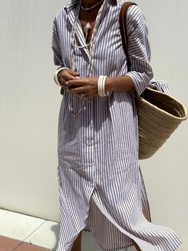 Image of chouyatou Women's Summer 3 /4 Sleeve Striped Shirt Dress Belted Maxi Long Casual Button Down Beach Dress