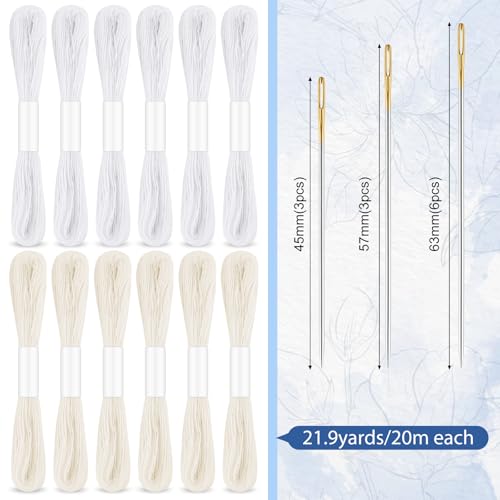 Image of 37 Pcs Sashiko Thread Kit Sashiko Needles Cotton Thimble Sashiko Patterns Embroidery Projects for Sewing Hand Quilting Mending Supplies (White)