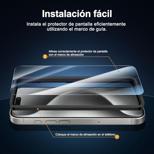 NEW'C 3 x Protector Pantalla para iPhone 15 Pro (6,1 Pulgadas) y 3 x Protector de Lente de Cámara - Cristal Templado + Tapón Antipolvo - Herramienta de instalación fácil incluida - imagen 3