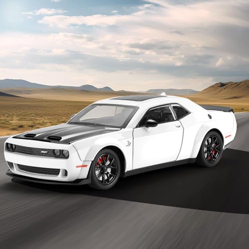 Image of WORSHIPER 1:24 Dodge Challenger SRT Exclusive Alloy Metal Pull Back Die-cast Car Model with Sound Light Mini Auto Toy for Kids for Toy Car with Sound and Light (1:24 Dodge Challenger - White)