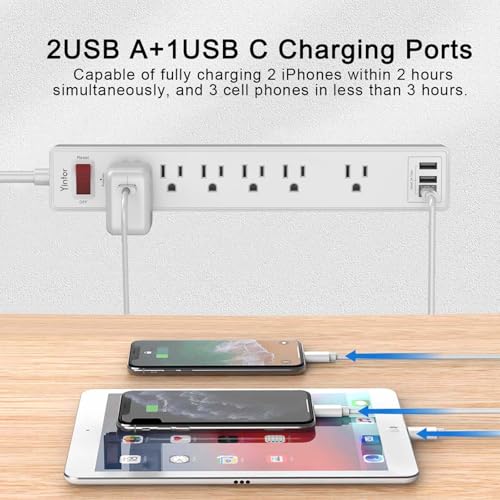 6 Ft Power Strip Surge Protector - Yintar Extension Cord with 6 AC Outlets and 3 USB Ports for Home, Office, Dorm Essentials, 1680 Joules, ETL Listed, White - 4