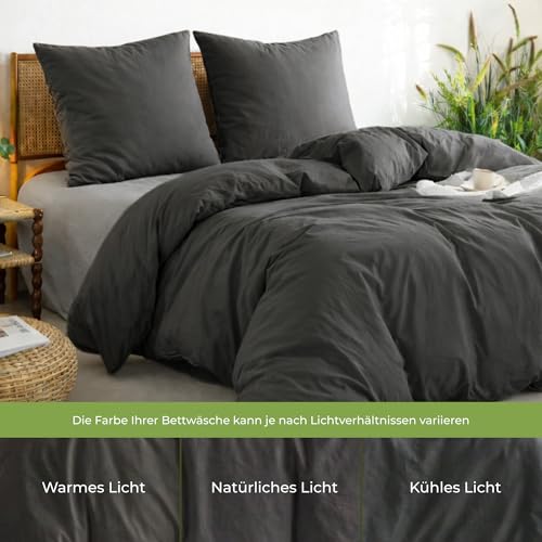 Dreamzie Bettwäsche 155x220 100% Baumwolle 3-teilig mit 2 Kissenbezüge 80x80 cm - Bio-Baumwolle Percale 180 TC - Atmungsaktiv & Weich, Oeko-Tex & GOTS Zertifiziert, Anthrazit