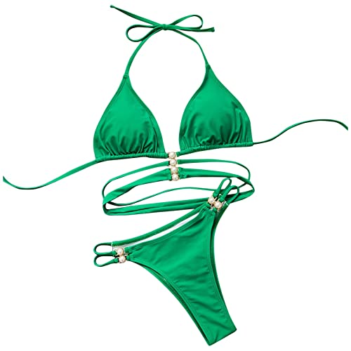 Generisch Bikini brasileño para mujer, 2 piezas, con tirantes finos, tanga, traje de baño para vacaciones en la playa, fiesta en la piscina, verano, verde, S