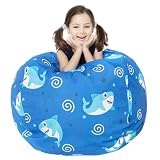 LOLOMLO Stuffed Animal Storage Bean Bag Chair Cover, Hold Kids Plush Toys Blankets Towels Beanbag (Cover Only), Canvas Floor Circle Stuff Sit Seat Sofa with YKK Zipper, Extra Large 38', Blue Shark