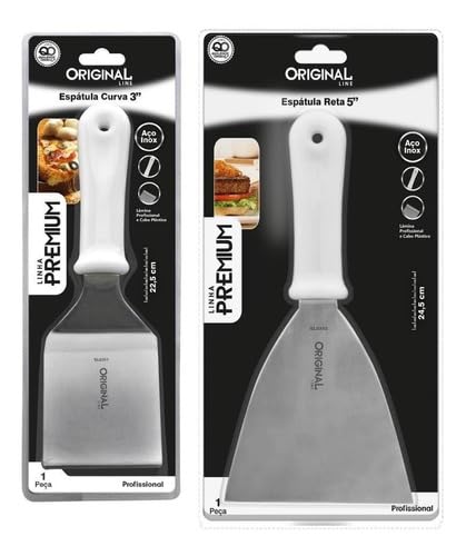 Kit 2 Espátulas Inox Reta e Curva, Profissional para Chapa, Lanches e Churrasco