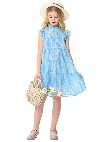 Kukume Girls Ruffle Dress Sleeveless Zipper Up Back Bow Tiered Chiffon A-Line Dress Blue Flow Cute Midi Dresses 9-10 Years #TOP1