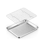 TeamFar Toaster Oven Pan with Cooling Rack, Stainless Steel Mini Baking Tray for Compact Toaster Oven, 9 Inch, Corrugated Bottom & Grid Mesh, Healthy & Heavy-Duty, 1 Pan + 1 Rack