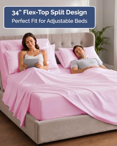 Image of Extra Deep Flex Top Split Head King Sheet Set - 6 Piece Breathable and Cooling Sheets - Hotel Luxury Bedding for Women, Men, Kids & Teens - Easy Secure Fit - Extra Deep Pockets - Light Pink