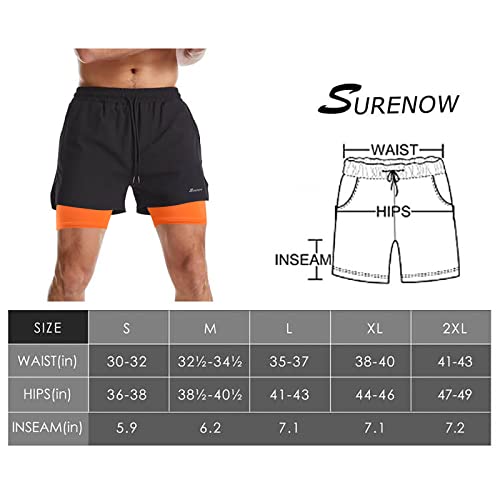 Surenow Mens 2 In 1 Running Shorts Quick Dry Athletic Shorts With Liner, Workout Shorts With Zip Pockets And Towel Loop (Black/Orange, Small) #TOP6