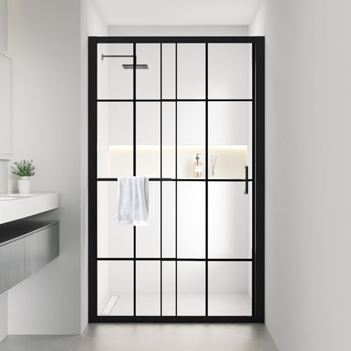 44-48" W X 72" H Single Sliding Shower Door,Framed Shower Glass Door with Towel Bar,1/4"(6mm) Transparent Checkered Tempered Glass,Matte Black Finish