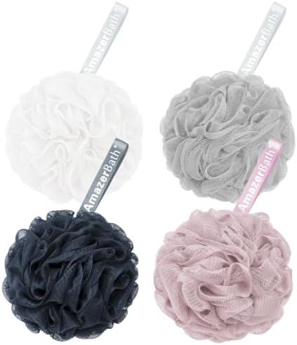 AmazerBath Shower Bath Sponge Shower Loofahs Balls 75g/PCS for Body Wash Bathroom Men Women- Set of 4 Grey Blue-Pink-Grey-White Sponges