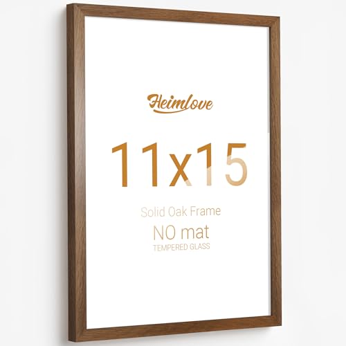 Heimlove 11x15 Picture Frames Solid Oak Wood 15 x 11 Photos Frame with Tempered Glass Wall Gallery Poster Frame with No Mat Horizontal and Vertical for Wall Mounting Home Office Decoration Walnut Color