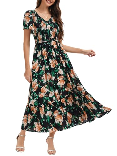 Women's Summer Short Sleeve Floral Swing Maxi Dress Smocked V