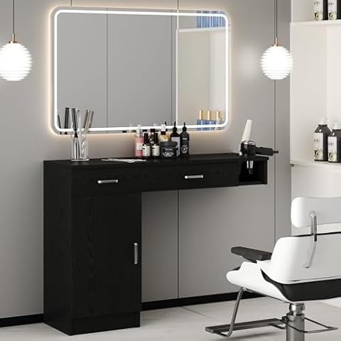 4ever2buy Salon Stations for Hair Stylist, Wall Mount Barber Station with Barber Cabinet, Hair Station Equipment Hair Dryer Holder, Drawers, Mirror not Included, Black Cover