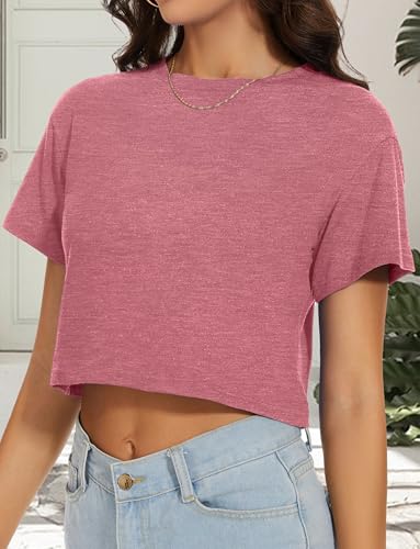 Image of Womens Summer Crop Tops Short Sleeve Round Neck T-Shirts Loose Fit Casual Blouse 2026