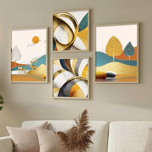 Image of kotart Aesthetic Modern Wall Decor Paintings with Frame for Home Decoration - Painting for Living Room Bedroom - Painting for Wall Decoration Set of 4 (Art 8, Big (13x17 or 13x13 inch))