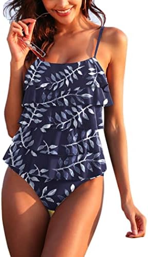 MAXMODA Womens One Piece Bathing Suits Tummy Control Ruffle Slimming Cut Swimsuit Plus Size,Navy Blue White XXL