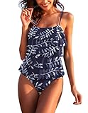 MAXMODA Womens One Piece Bathing Suits Tummy Control Ruffle Slimming Cut Swimsuit Plus Size,Navy Blu