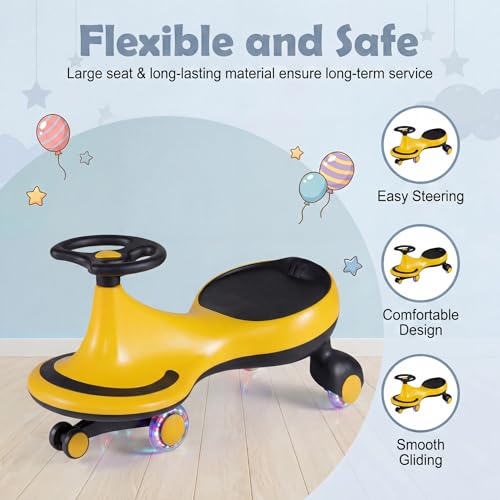 Image of HONEY JOY Wiggle Car, 2 in 1 Swing Car for Kids, LED PU Flashing Wheels, No Batteries, Gears or Pedals, Uses Twist, Turn, Ride On Toy for Toddlers Boys Girls(Yellow)