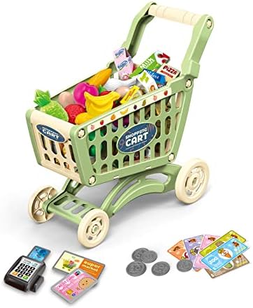 RedCrab Kids Shopping Cart Toy Supermarket 54pcs Playset Included Grocery Cart Toy,Credit Card Pretend Fruit Vegetables Shop Accessories for Boy Girl Kid (Green)