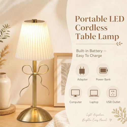Image of Liliful 2 Pcs Cordless Table Lamp Rechargeable Touch LED Small Gold Portable Battery Operated USB-c Desk Lamp 3 Color Dimmable for Bedroom Living Room Dining (Gold,Beige Cloth Style Bow)